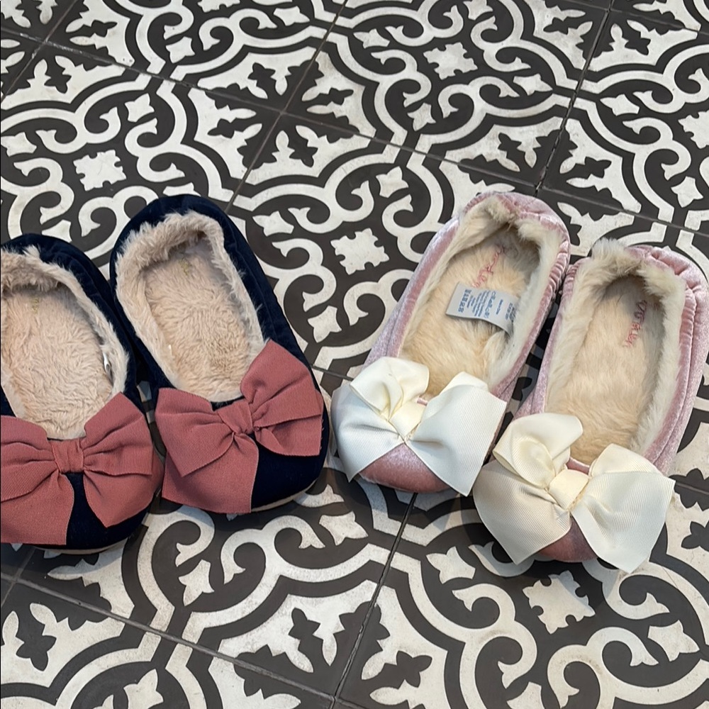 Boden Pink and Blue Cozy Slippers with Bow Detail